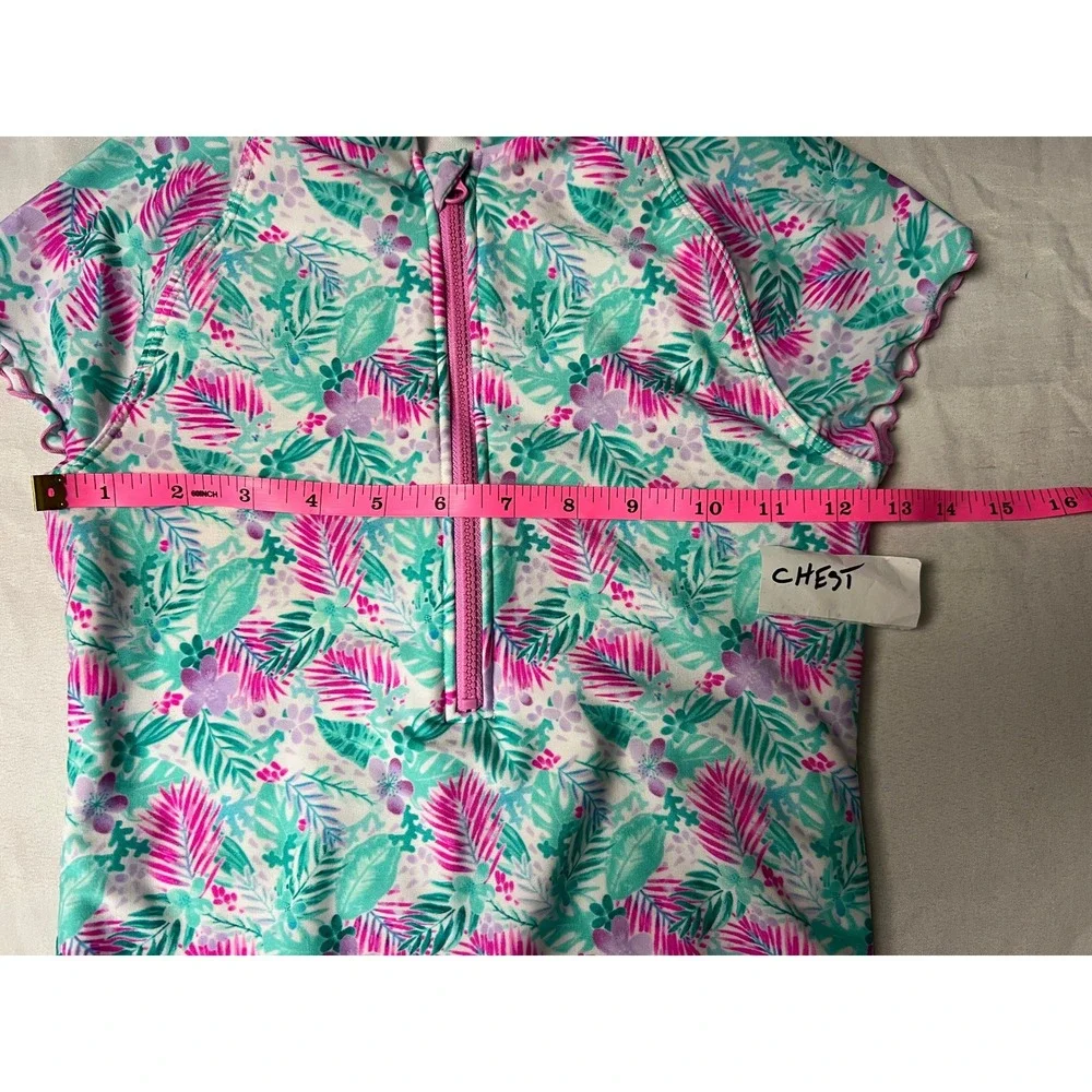 More Than Magic Girls Tropical Palm Print Quarter Zip One Piece Swimsuit L 10/12